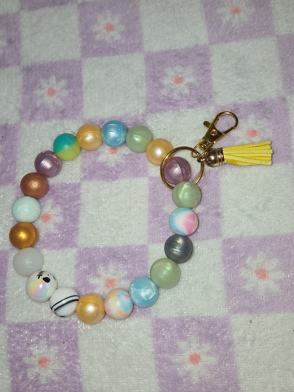 Pastel Multi-Bead Charm Keyring with Yellow Tassel